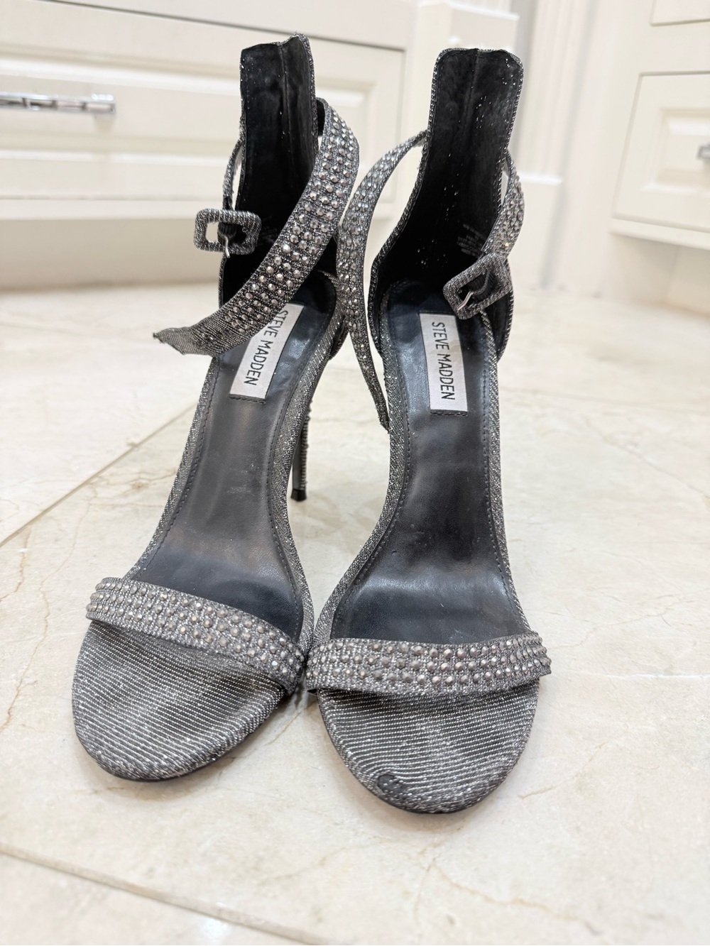 Steve Madden Rhinestone-Embellished Silver Strappy High Heels